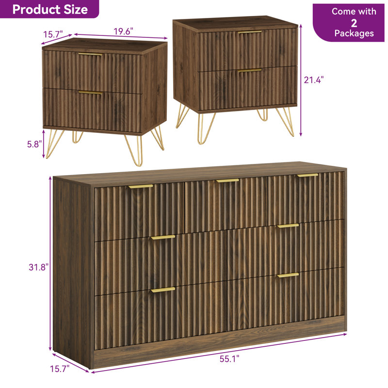 3PCS Dresser And Nightstand Sets For Bedroom, 55" Wide Fluted 7 Drawer Dresser & Nightstand Set Of 2, Walnut