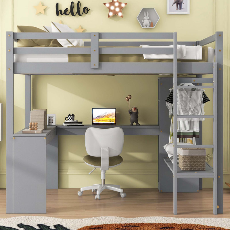 Lit mezzanine avec bureau en L, garde-robe et tablettes de rangement, Gris, Lit double