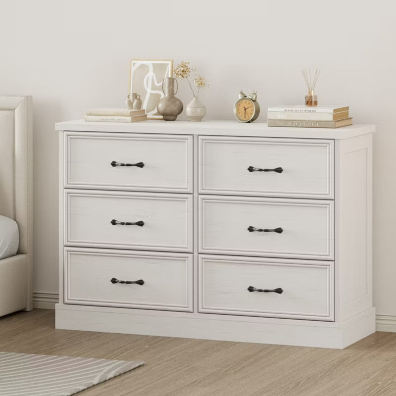 Farmhouse 6 Drawer Dresser, 47" Wide Wood Chest, Sturdy Storage, TV Stand for Bedroom Living Room Nursery, White