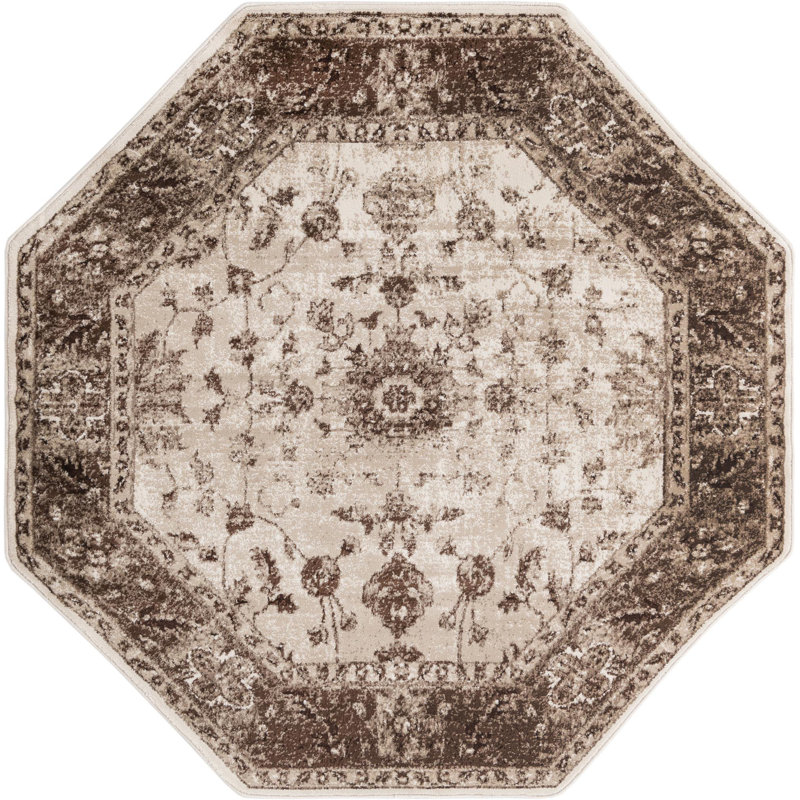Tapis traditionnel traditionnel Emigdio de couleur crème, Octogone 5 pi 3 po