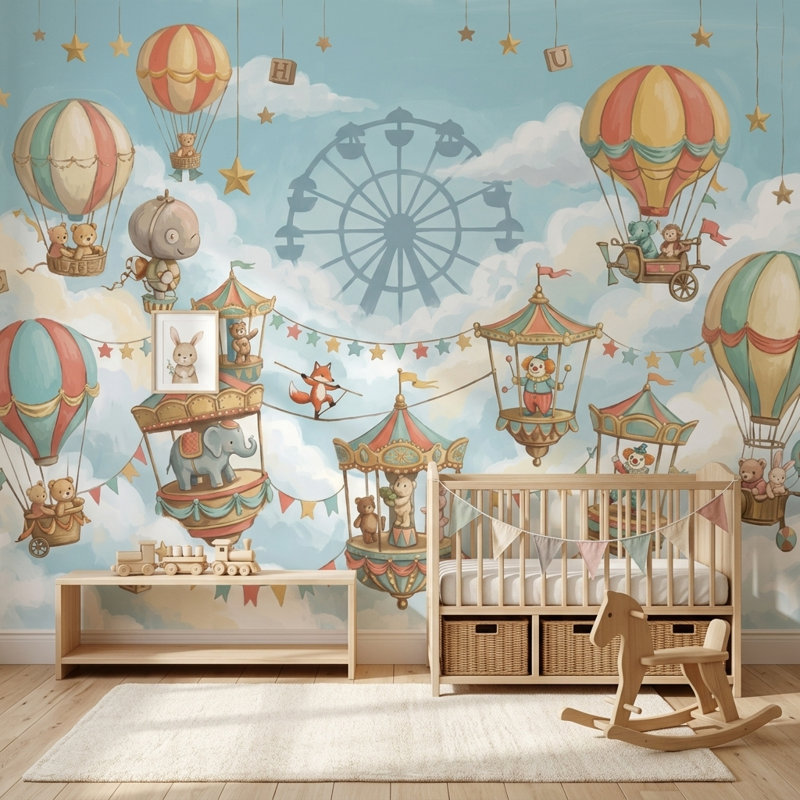 Papier peint fantaisiste avec ballons à air chaud Circus Carnival, Texturé non collé, 100 po x 96 po