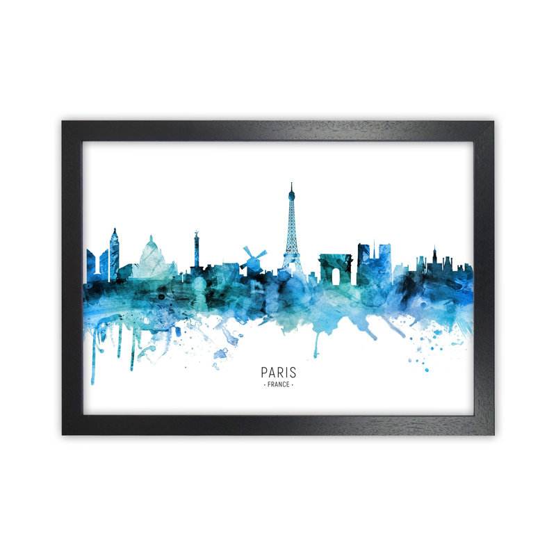 Paris France Skyline Blue City Name by Michael Tompsett - Print, 64cm H x 88cm W x 3cm D, Black Framed