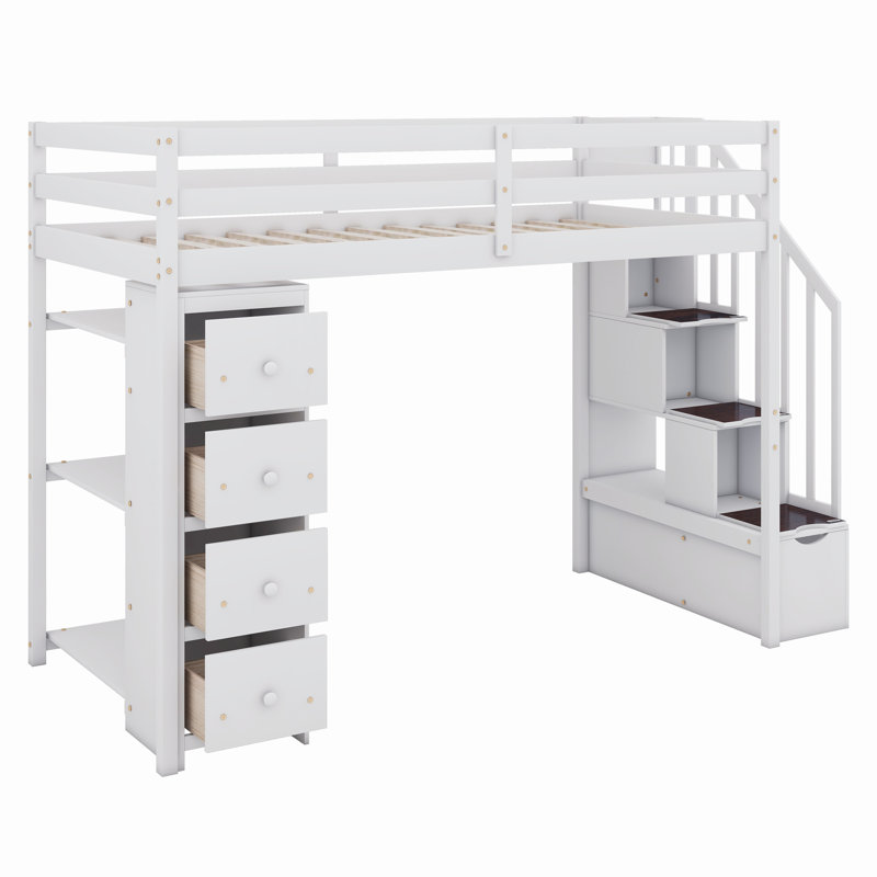 Loft Bed With Shelves,Drawers And Stairs, White