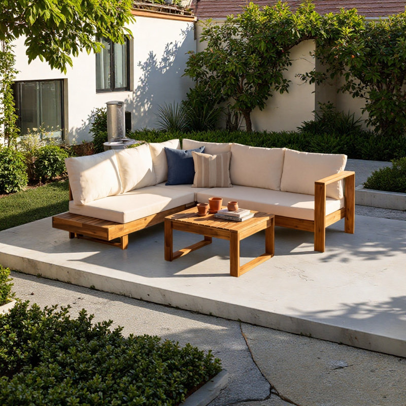  Ensemble de conversation modulaire d'extérieur 4 pièces avec coussins et table basse en bois d'acacia