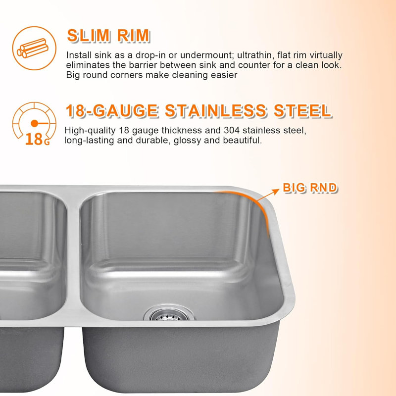 18 Gauge Stainless Steel 34.8 in. Double Bowl Undermount Kitchen Sink, 34.8" x 20.75" x 9"