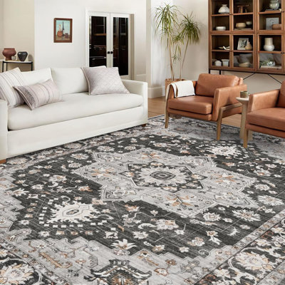 Black Washable Area Rug, Non Slip Rubber Backing, Stain & Fade Resistant, Floral Distressed Indoor Floor Carpets, 9x12