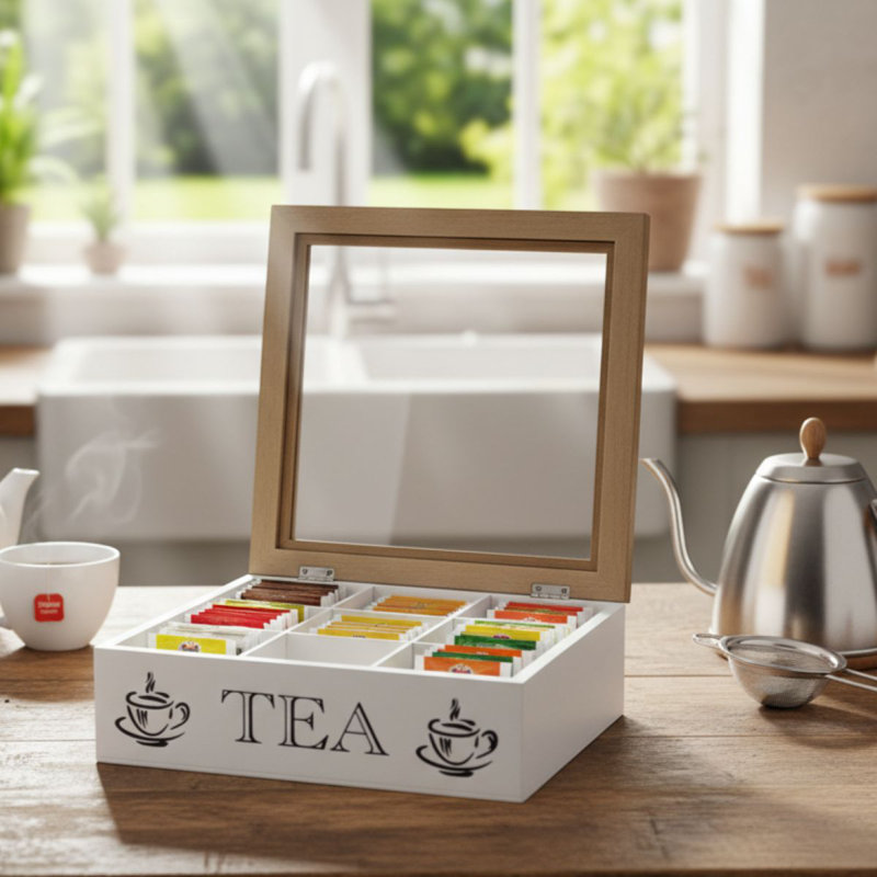 Gelsey 9 Compartment Tea Organiser Box, White
