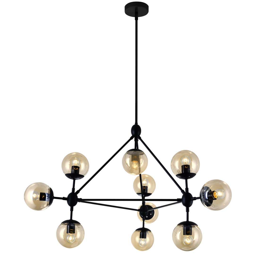 Sputnik Style Chandelier - 10-Light Black Frame with Amber Glass Shades - Atomic Starburst Pendant Light for Dining Room, Kitchen Island Wrought Studio™