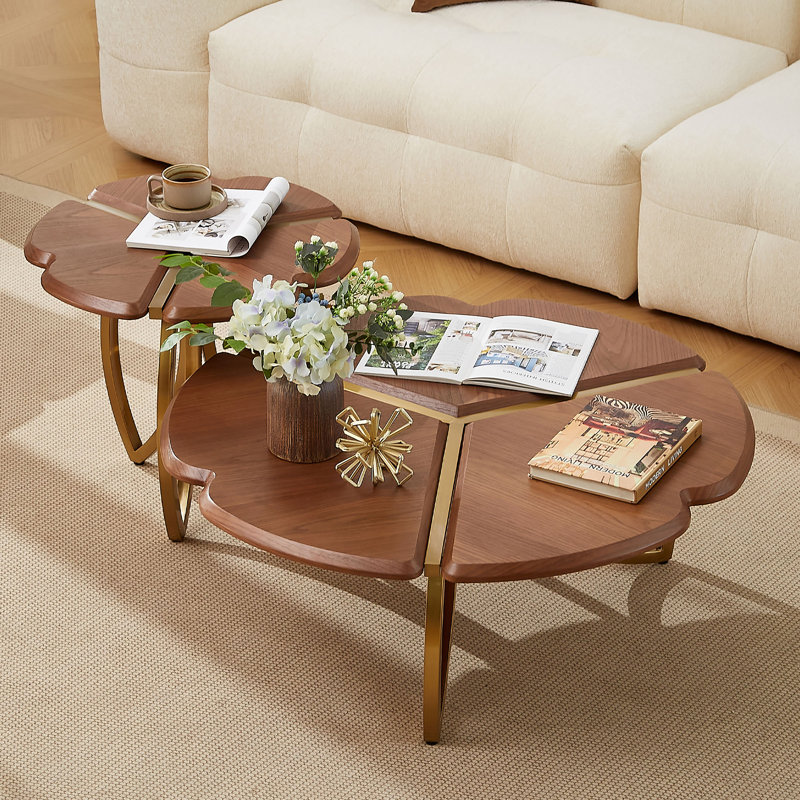 Modern Petal-Shaped Coffee Table Set with Walnut Veneer Top, Gold Tone Stainless Steel Leg Nesting Tables for Living Room, Mid-Century