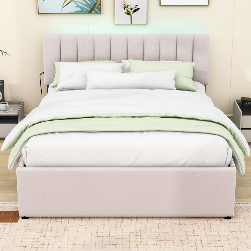 Lit plateforme tapissier avec lit gigogne simple et lumière DEL, Beige, Grand lit