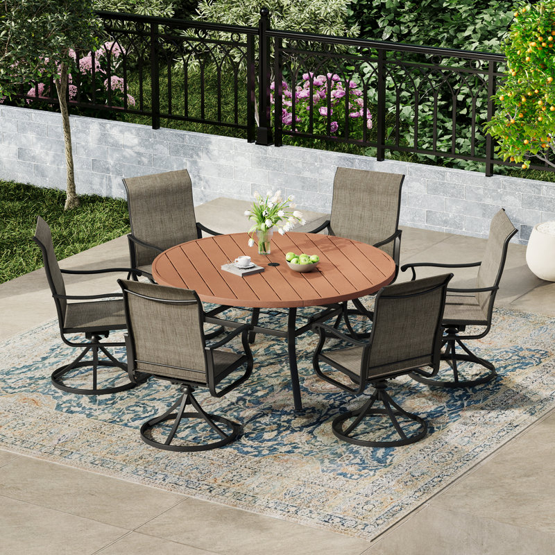 6-Person Outdoor Round Dining Set, 28.3" H x 56.3" W x 56.3" D, Brown/Brown