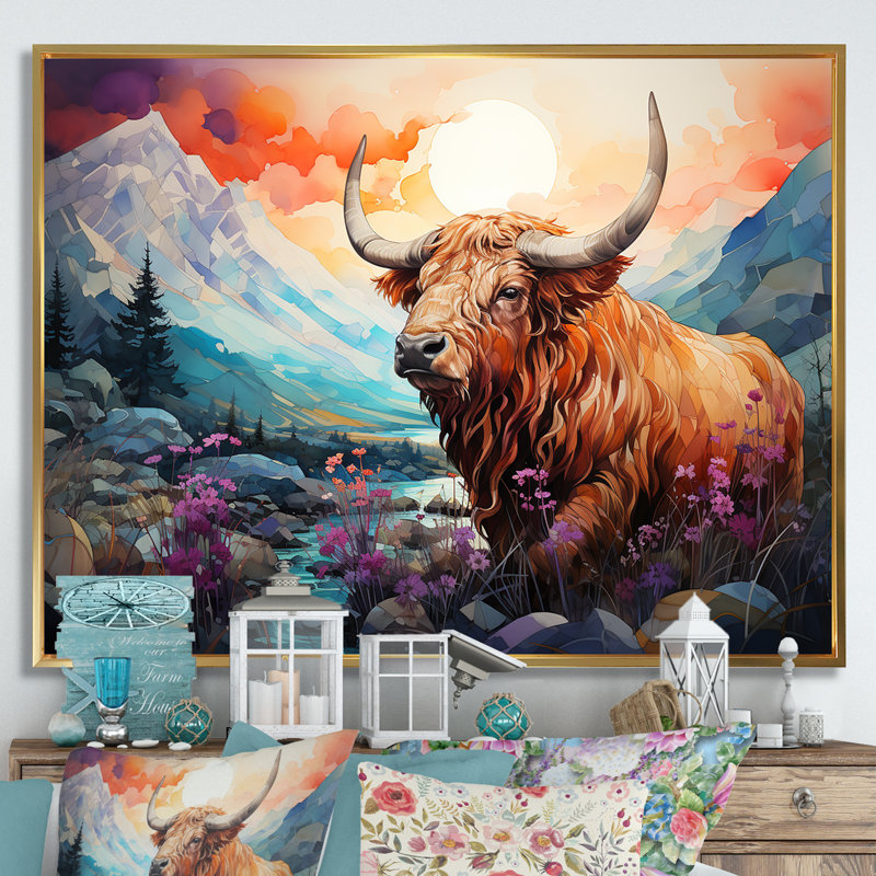 Yak Pastel Wilderness Territory sur toile, H 12 po x l 20 po x P 1 po, Cadre flottant doré