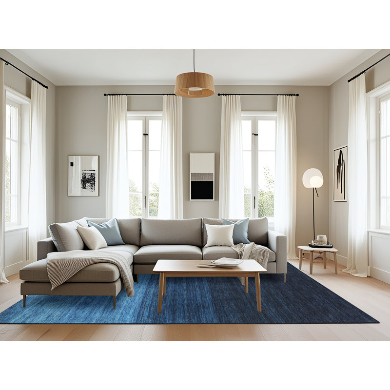 Tapis contemporain noir / bleu, Rectangle 8 pi x 10 pi