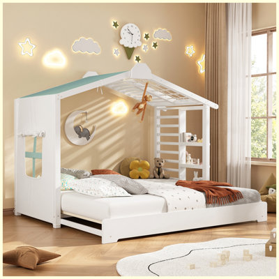 Lit simple simple avec lit gigogne simple et tablettes de rangement latérales, blanc