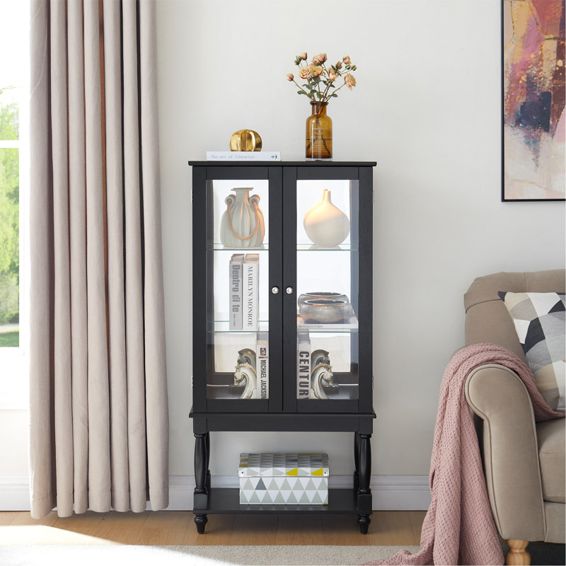 Curio Cabinet Lighted Curio Display Cabinet With Open Storage Space,Solid Wood Legs And Adjustable Shelves, Acrylic Mirrored Back Panel, Tempered Glass Doors,3 Tier And One Open Space(E26 Light Bulb N