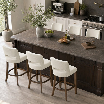Modern Chenille Upholstered Counter Height Bar Stools With Solid Wood Legs And Cutout Back,Set Of 6