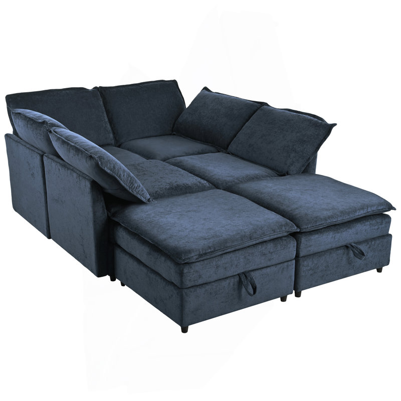 Versatile 6-Piece Modular Sofa Bed With Storage, Dark Blue Polyester