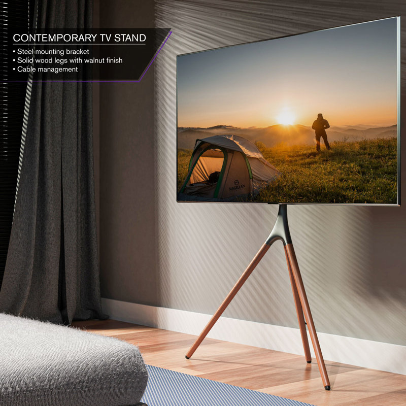 Modern Black Matte Tripod TV Stand with Wooden Legs