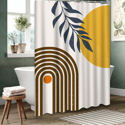 Boho Abstract Sun Moon Leaves Shower Curtain with 12 Hooks