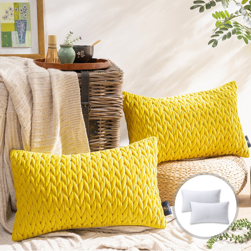 Housse et insert de coussin décoratif plissé Braid, 12 po x 20 po, Jaune