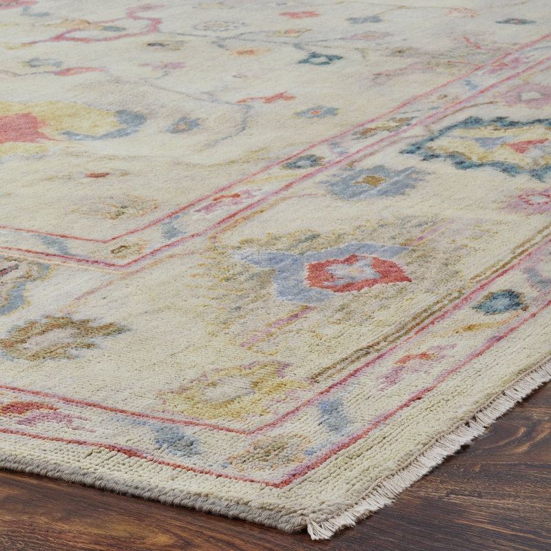 Galena Hand Knotted Wool Oriental Area Rug in Cream; Blue; Vintage Linen; Rose, Rectangle 12' x 15'