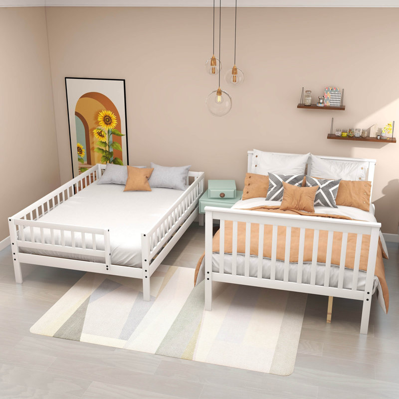 Lit superposé avec lit gigogne, lit superposé double au-dessus de double avec rangement, Blanc