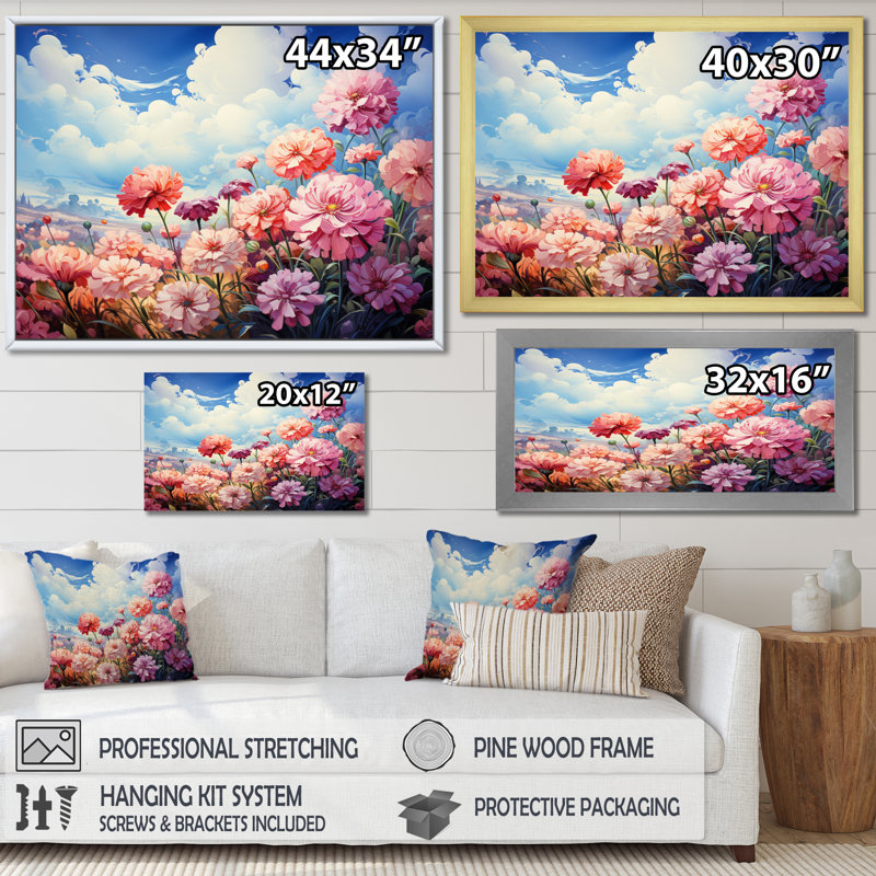 Meadow Zinnia Dreams sur impression sur toile, Cadre photo blanc, H 16 po x l 32 po x P 1 po