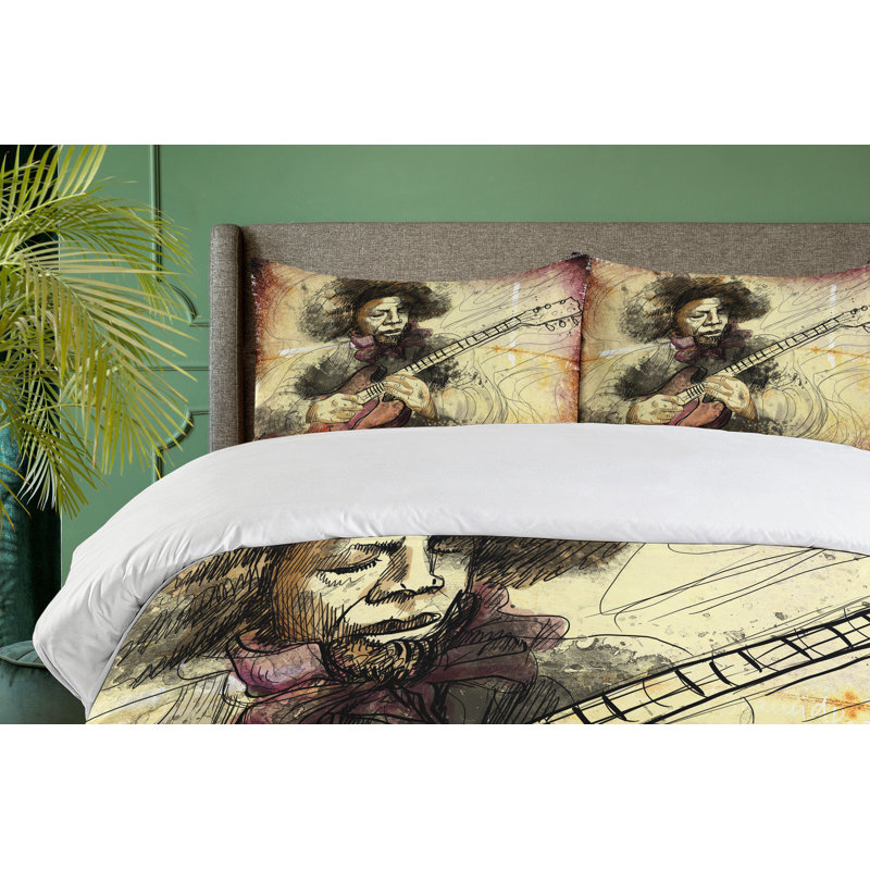 Jazz Guitar Virtuoso Hand Drawn Queen Duvet Cover Set