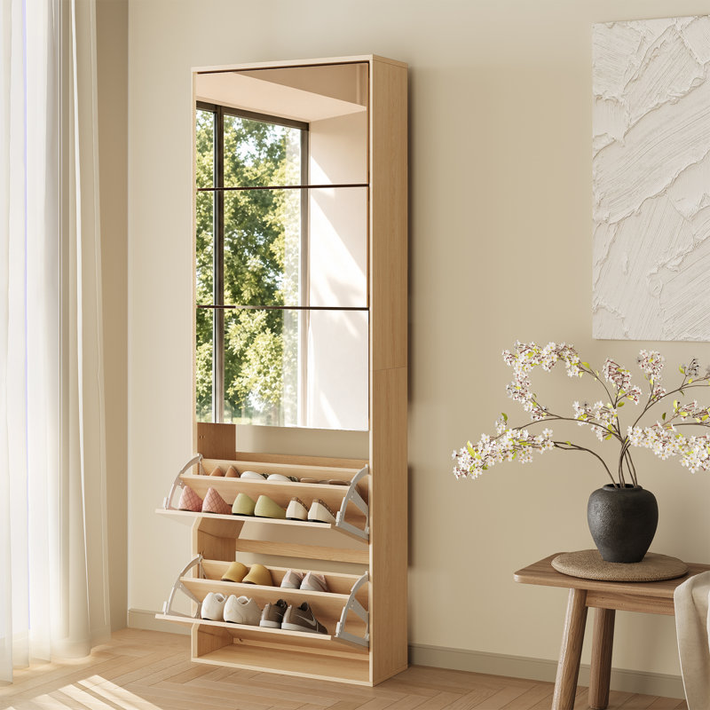 Modern Minimalist 5-shelf Mirrored Shoe Cabinet, Natural Wood