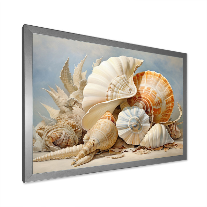 Collage de coquillages contemporains, Cadre simple argenté, H 24 po x l 32 po x P 1 po