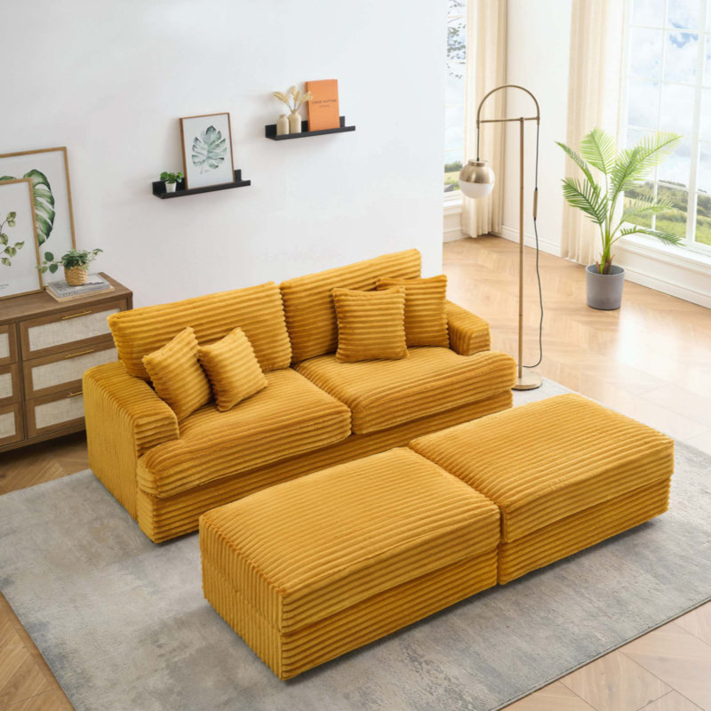 Canapé 88,58 pouces en velours côtelé orange avec pieds de rangement doubles et quatre coussins, aussi doux qu'un nuage, un canapé paresseux élégant convenant au salon et au bureau