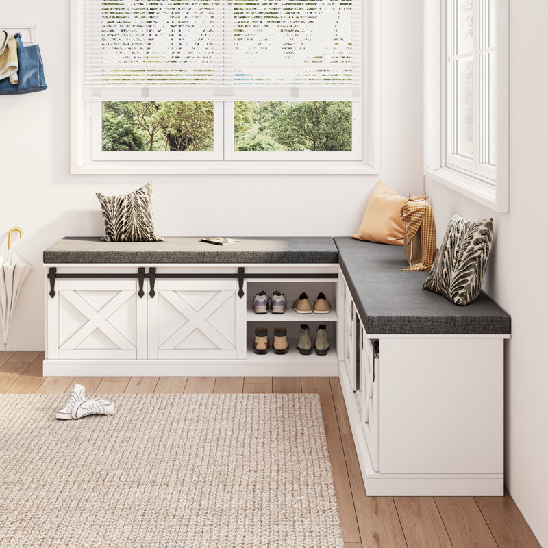 L Shape Corner Bench With Storage, Farmhouse Breakfast Nook Bench, Flip-top Shoe Storage Benches With Cushion For Entryway, Hallway, Living Room, White & Grey