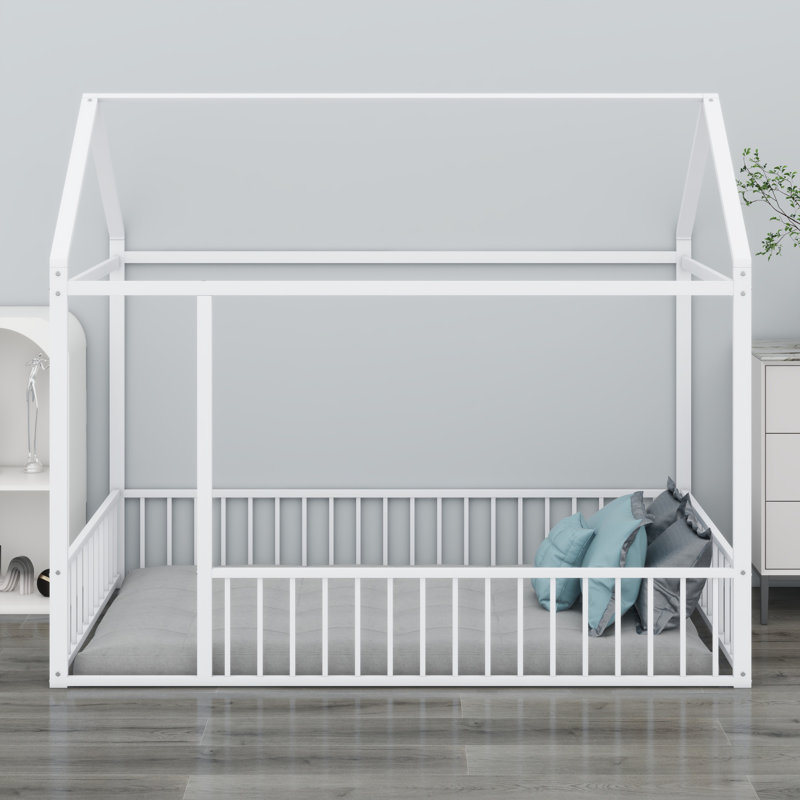 Structure de lit en métal avec clôture, pour enfants, adolescents, filles, garçons, Blanc