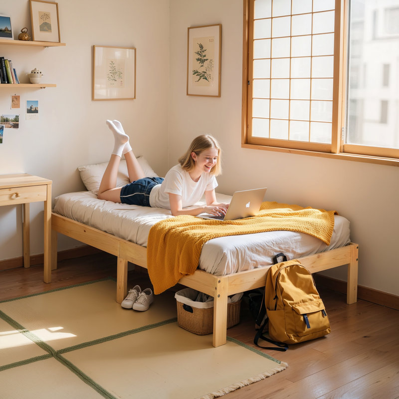 Structure de lit plateforme en bois massif de 12 pouces, structure de lit en bois sans sommier, Lit simple, Jaune