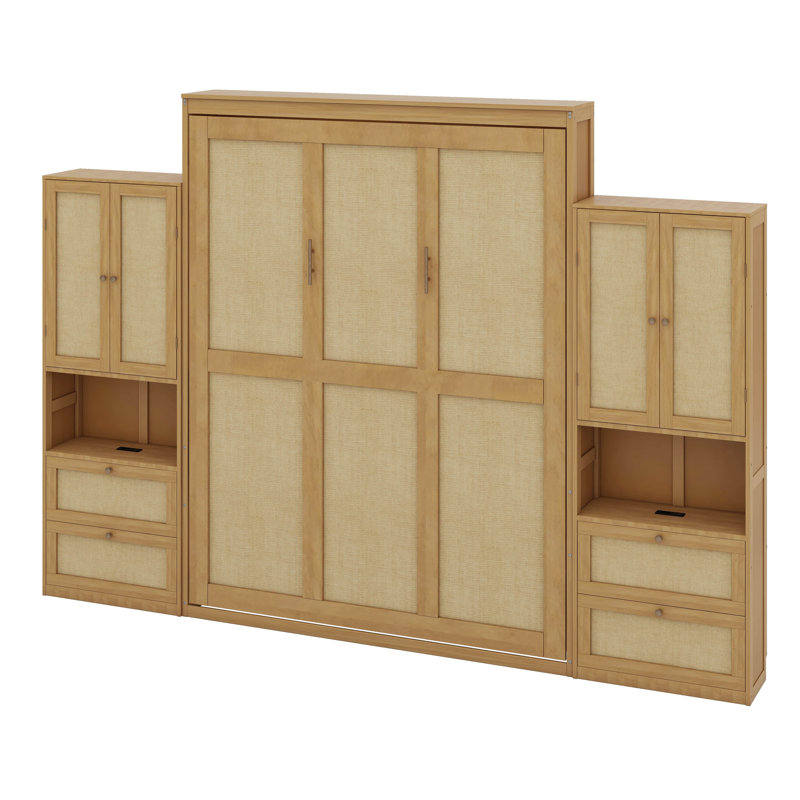 Grand lit escamotable avec 2 armoires latérales, lit escamotable en rotin Farmhouse, Naturel