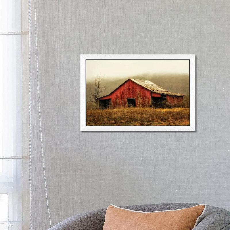 Skylight Barn In The Fog by Andy Amos - Floater Frame Print on Canvas, White Framed, 101.6 cm H x 66.04 cm W