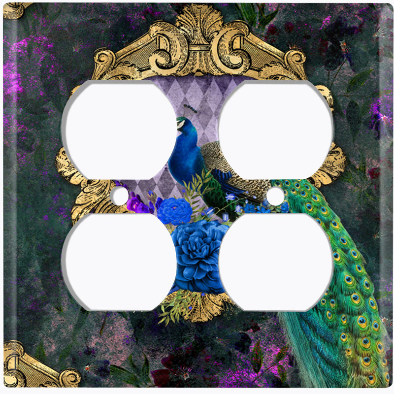Metal Light Switch Plate Outlet Cover (Peacock Feathers Green Colourful Flowers Frame - Single Toggle)
