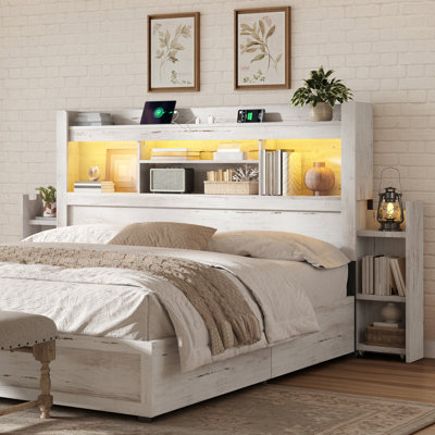 Sherell Farmhouse Queen/Full Bookcase Headboard with Bedside Storage & LED Lights & Charging Station,Distressed White