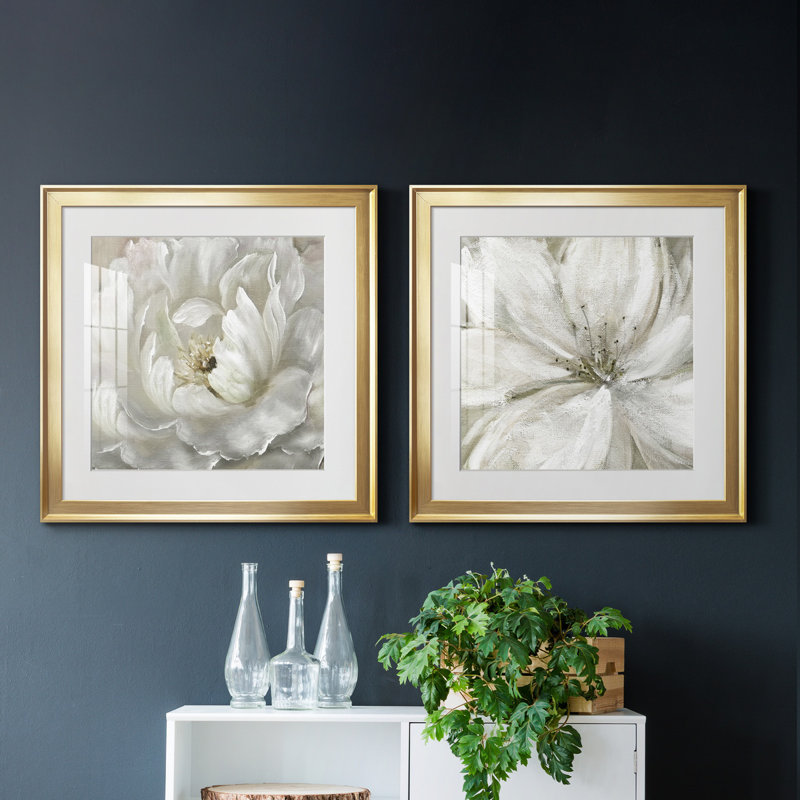 Pivoine parfaite - ensemble de 2 cadres photo sur papier, Papier encadré doré, H 17,5 po x l 35 po x P 1,5 po, Blanc