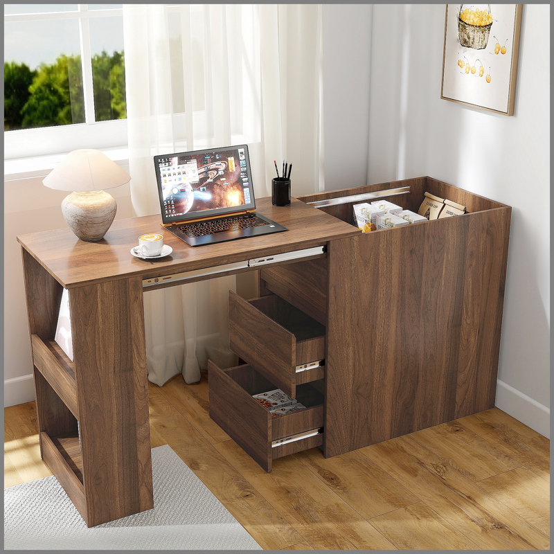 Bureau d'ordinateur de coin moderne avec table extensible et beaucoup de rangement, parfait pour le bureau à domicile et le bureau