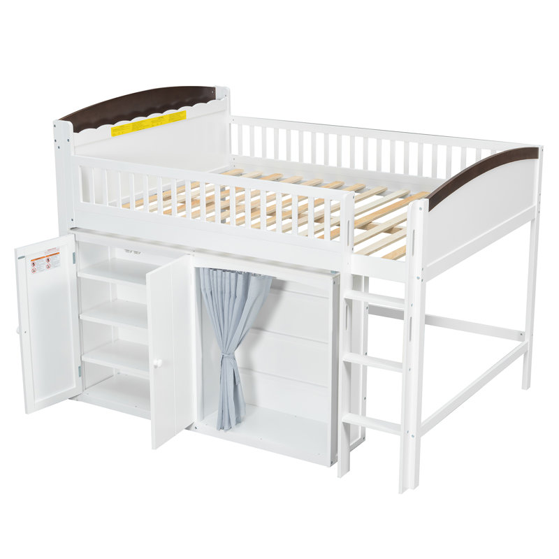 Full Size Loft Bed with Storage Cabinet, Wardrobe and LED, White and Espresso, White, Full