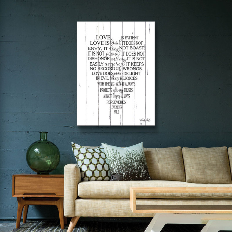 «love is patient», art textuel, H 24 po x l 18 po x p 2 po, Toile tendue
