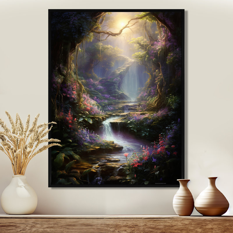 Couloir magique avec fleurs dans les bois - rivière, art mural du salon, Toile avec cadre flottant noir