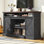 Meuble télé Chiara de style ferme de 66 po de large avec porte coulissante de style grange et grandes étagères de rangement, gris foncé