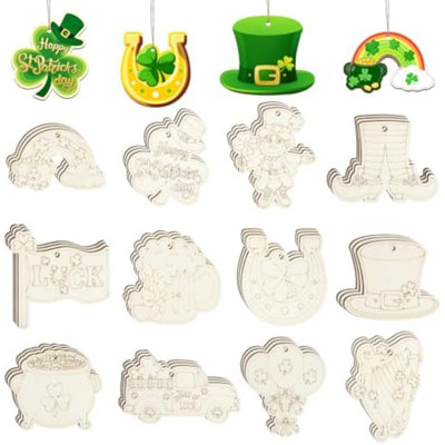 36 PCS en bois ornements de la Saint-Patrick pour peindre des décorations découpées en forme de trèfle, 12 styles bricolage en bois brut sans finition en forme de trèfle ornement pour l'artisanat suspendu à un arbre