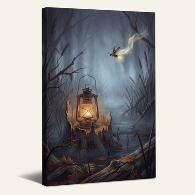 Tableau sur toile d'Halloween représentant un marais brumeux avec une lanterne et une luciole