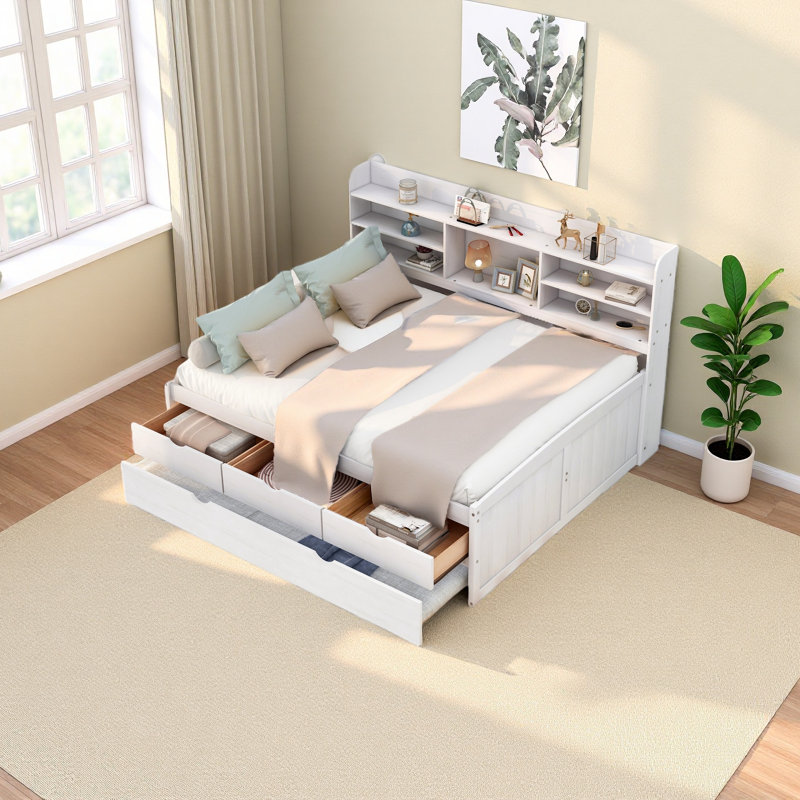 Wooden Captain Bed With Built-In Bookshelves,Three Storage Drawers And Trundle, White