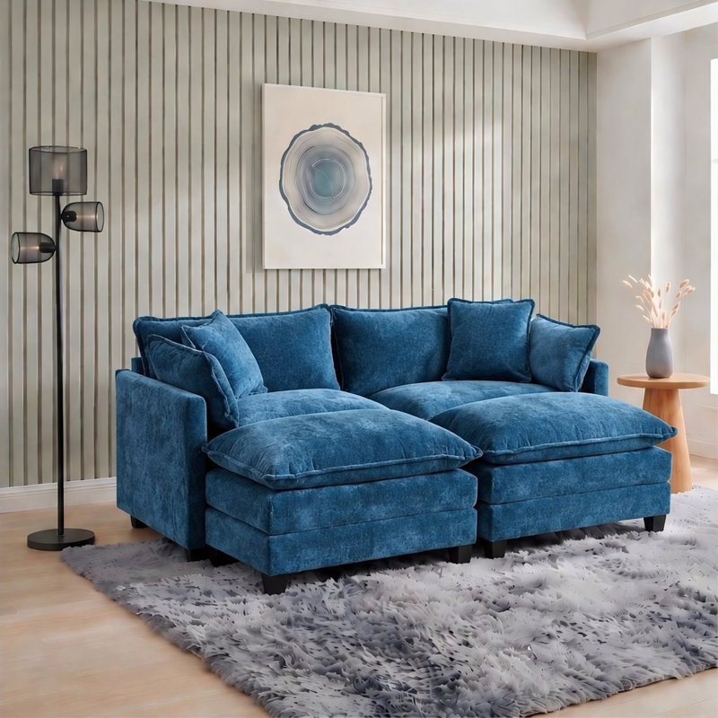 Canapé d'angle à deux places en chenille de 198 cm avec deux poufs, Chenille bleu, 33" H x 78" W x 35" D