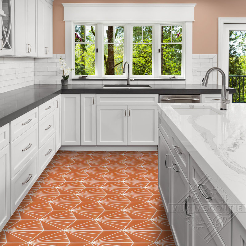 Spark C 7.87" x 9.09" Cement Patterned Wall & Floor Tile, Tangerine