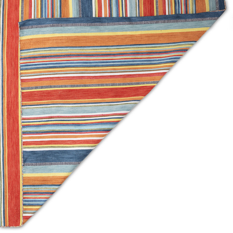 Tapis orange / bleu en polyester tissé à la main Alanas, Rectangle 7 pi 6 po x 9 pi 6 po